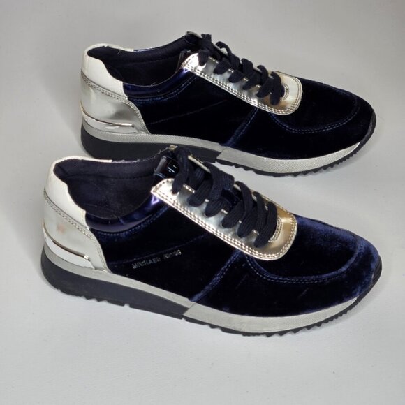 Michael Kors Allie Trainer Admiral Blue Velvet Silver Logo Sneaker Shoes Sz 7.5 - Picture 3 of 9